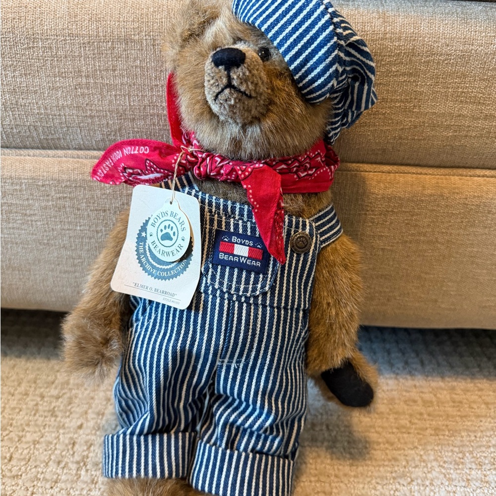 Boyds Bears Brown Bear in Blue & White Striped Overalls with Red Bandana